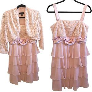 R & M Richards Sz 14 Pink Mother Of Bride‎ Formal Tiered Dress Set Lace Jacket
